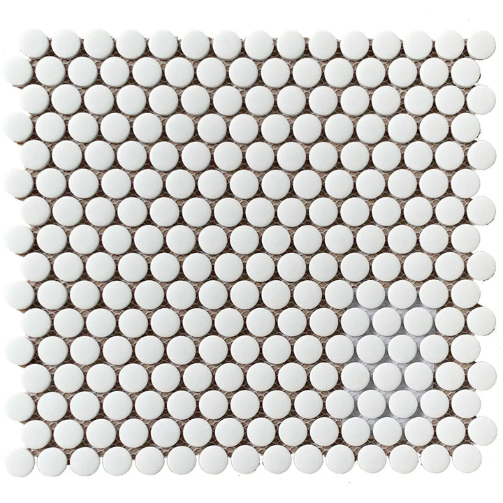 Single 12.4x11.5 inch Penny Round White Porcelain Mosaic Tile – matte glazed surface, ideal for floor and wall installations.