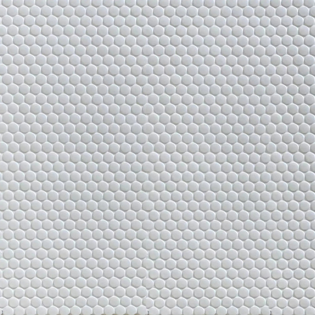 Sample display board of Penny Round White Porcelain Mosaic Tile – 12.4x11.5 inch matte sheet mounted for showroom presentation.