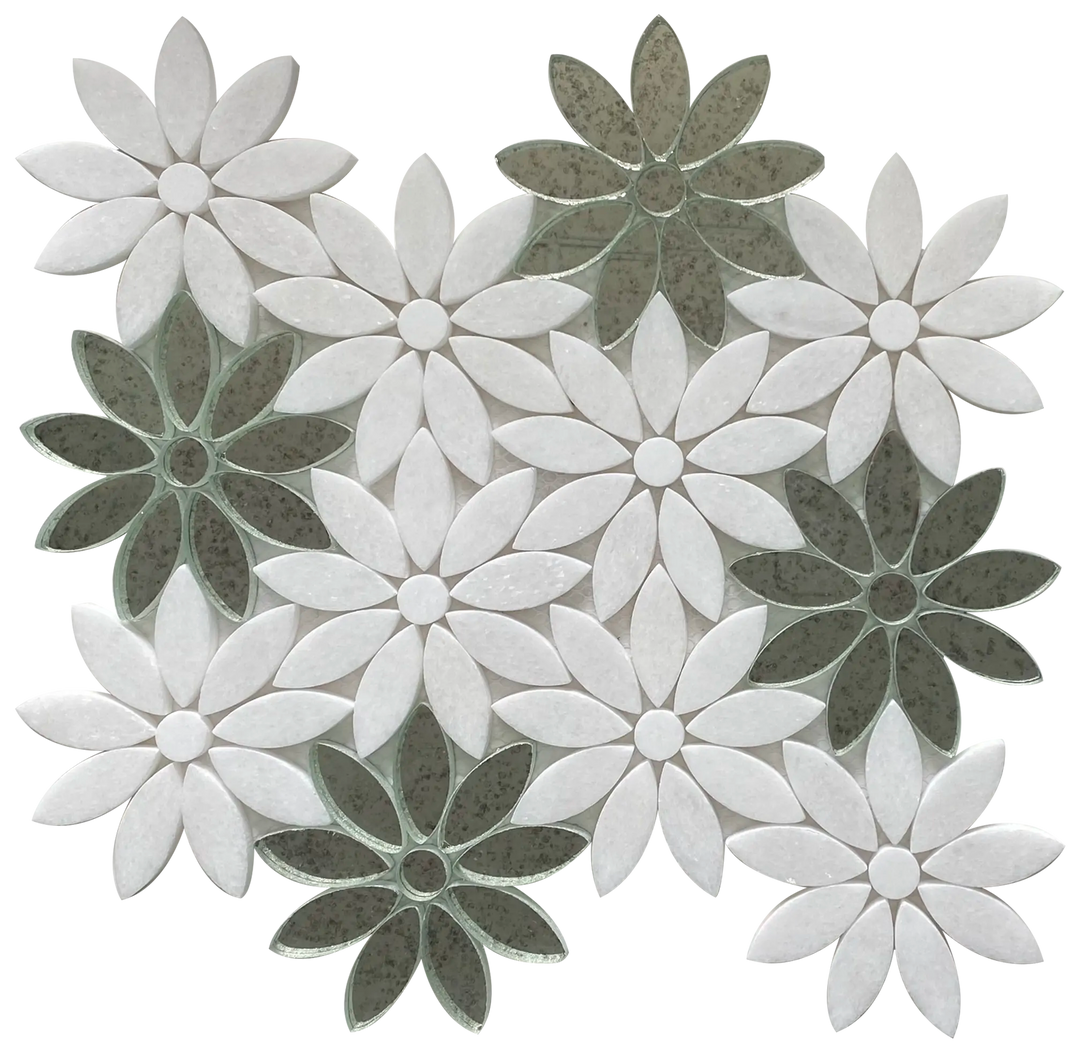 Single 9x11 inch Interlocking Floral Waterjet Mosaic Tile with Thassos & Antique Mirror – intricate floral pattern with polished white and mirrored accents.