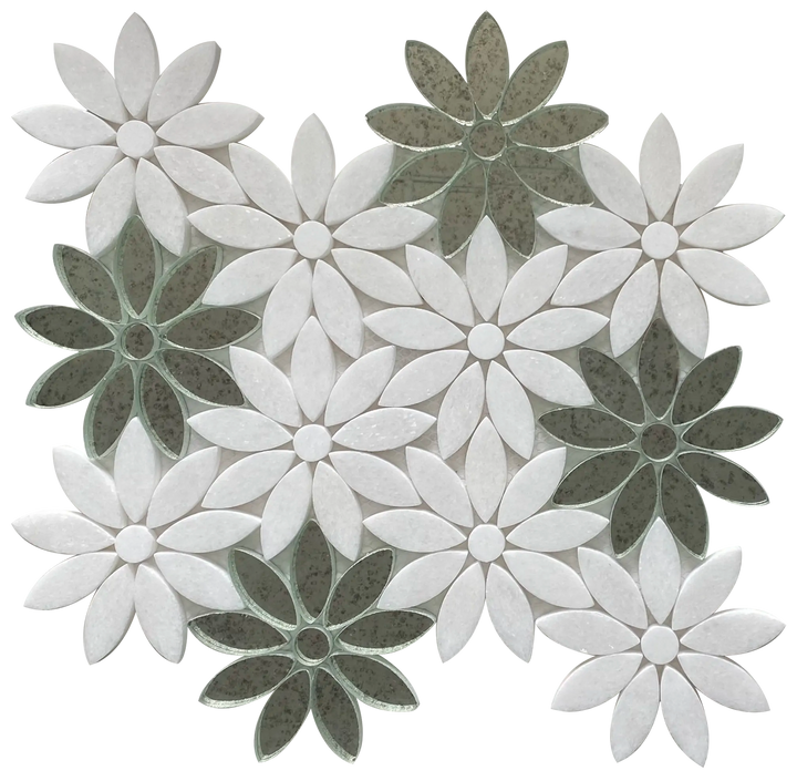 Single 9x11 inch Interlocking Floral Waterjet Mosaic Tile with Thassos & Antique Mirror – intricate floral pattern with polished white and mirrored accents.
