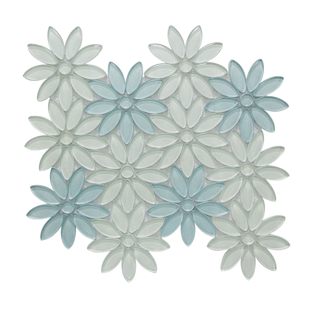 Single piece of 9x11 inch Blue and Taupe Glass Flower Mosaic Wall Tile – floral glass design