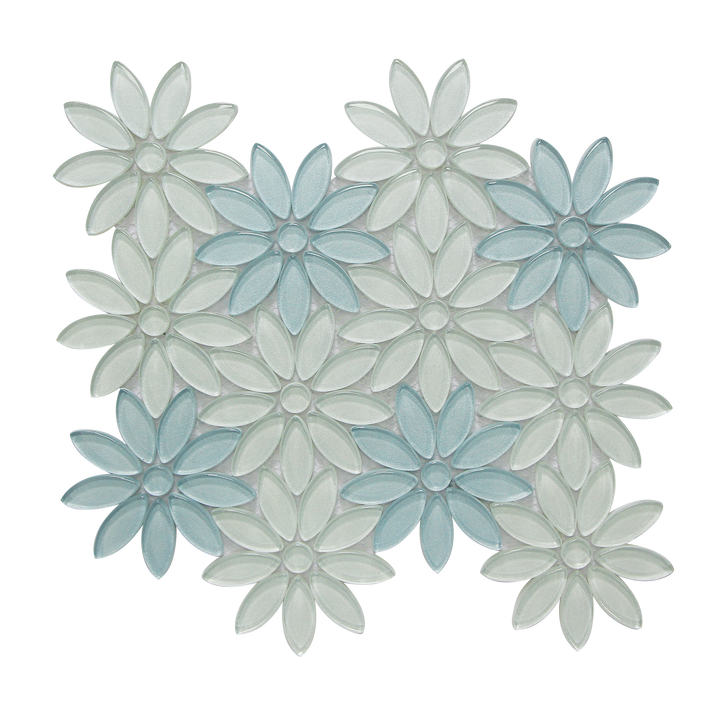 Single piece of 9x11 inch Blue and Taupe Glass Flower Mosaic Wall Tile – floral glass design