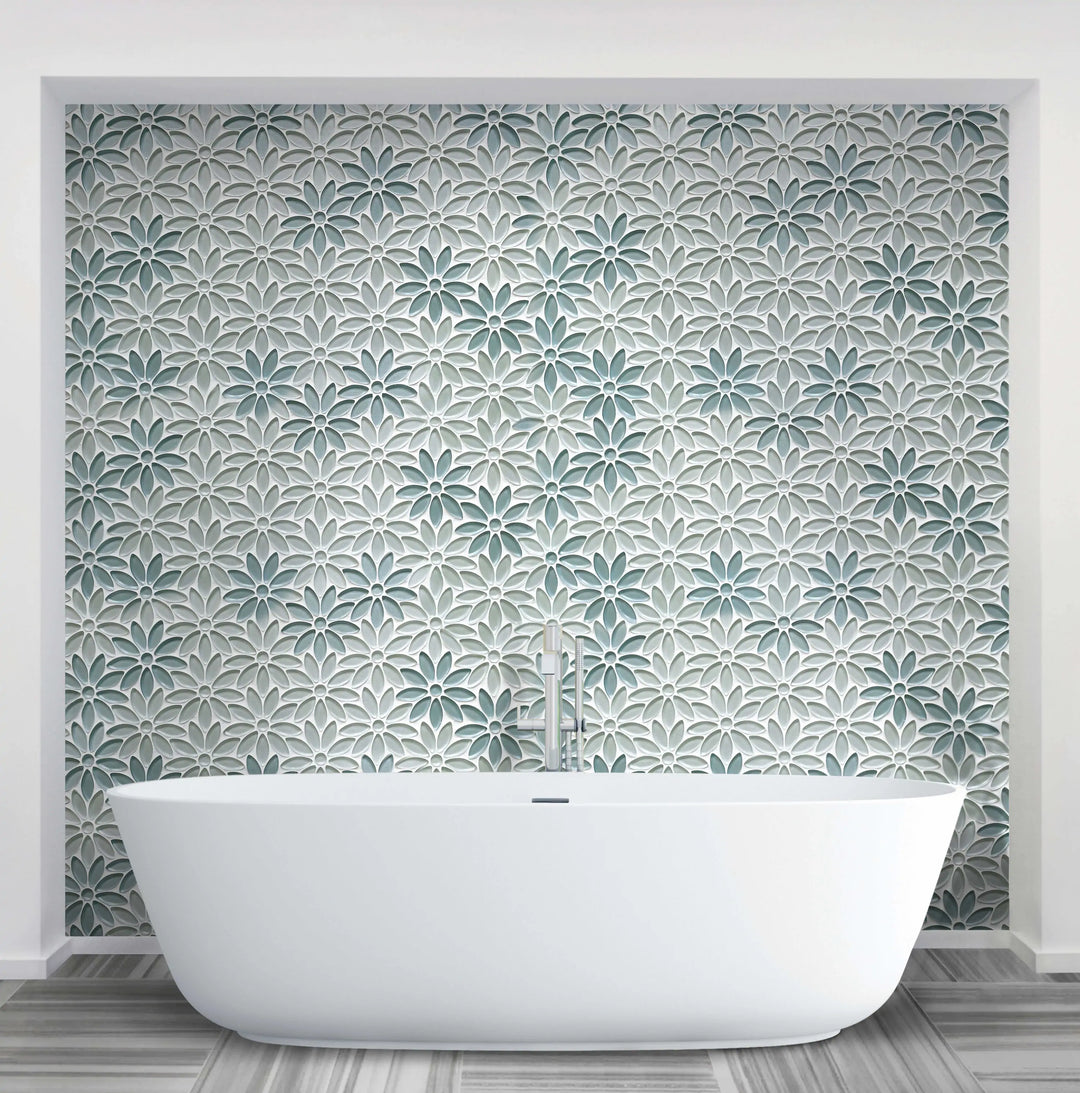 Interior space featuring 9x11 inch Blue and Taupe Glass Mosaic Wall Tile – modern floral wall accent