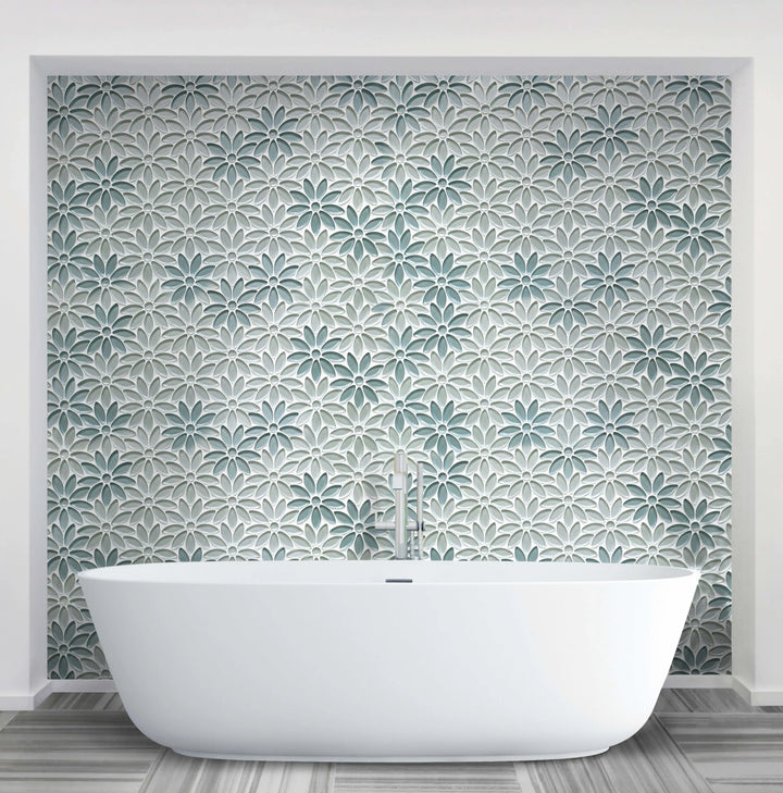 Interior space featuring 9x11 inch Blue and Taupe Glass Mosaic Wall Tile – modern floral wall accent