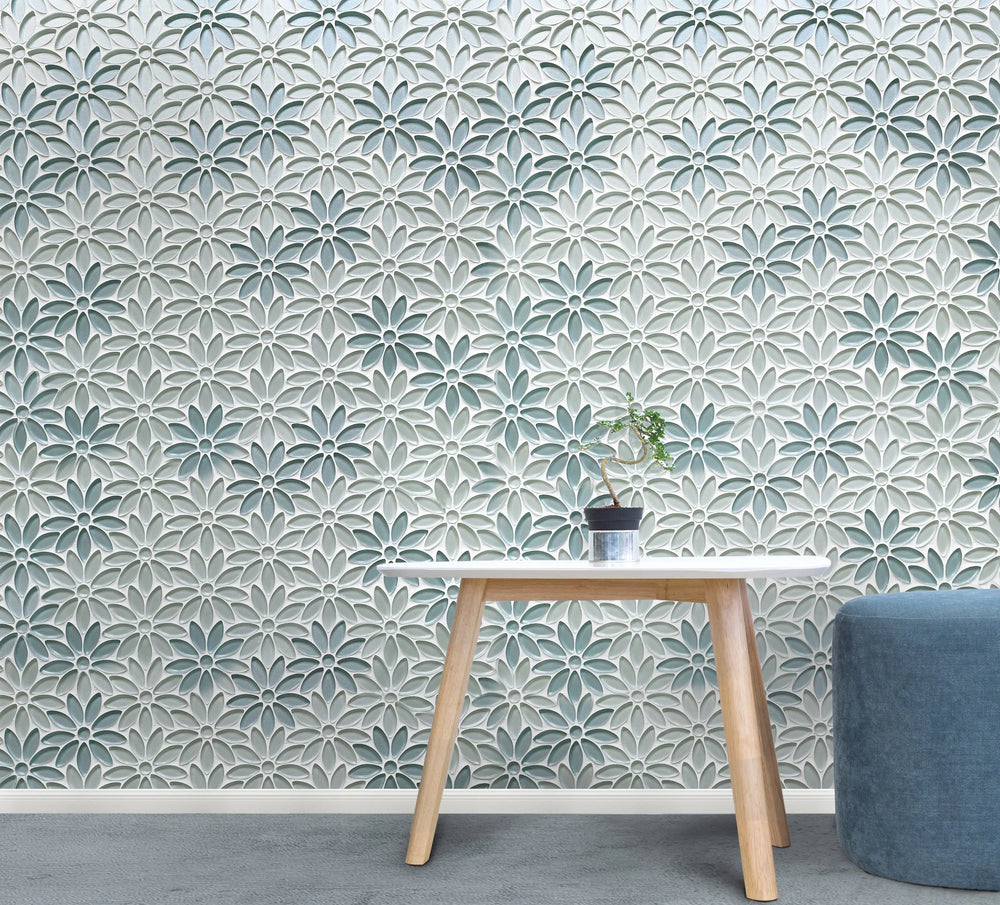 Wall decorated with Blue & Taupe Glass Flower Mosaic Tiles – elegant floral tile for bathrooms or backsplashes