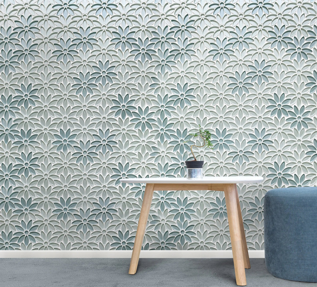 Wall decorated with Blue & Taupe Glass Flower Mosaic Tiles – elegant floral tile for bathrooms or backsplashes