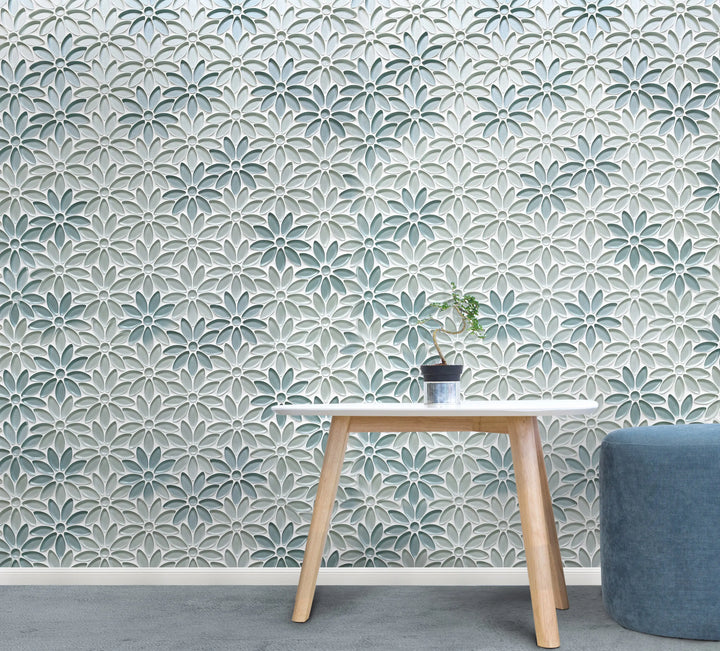 Wall decorated with Blue & Taupe Glass Flower Mosaic Tiles – elegant floral tile for bathrooms or backsplashes
