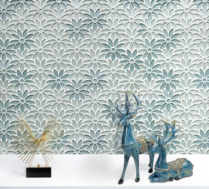 Powder room or vanity backsplash featuring Blue and Taupe Glass Flower Mosaic Tile – decorative wall detail with soft floral tones