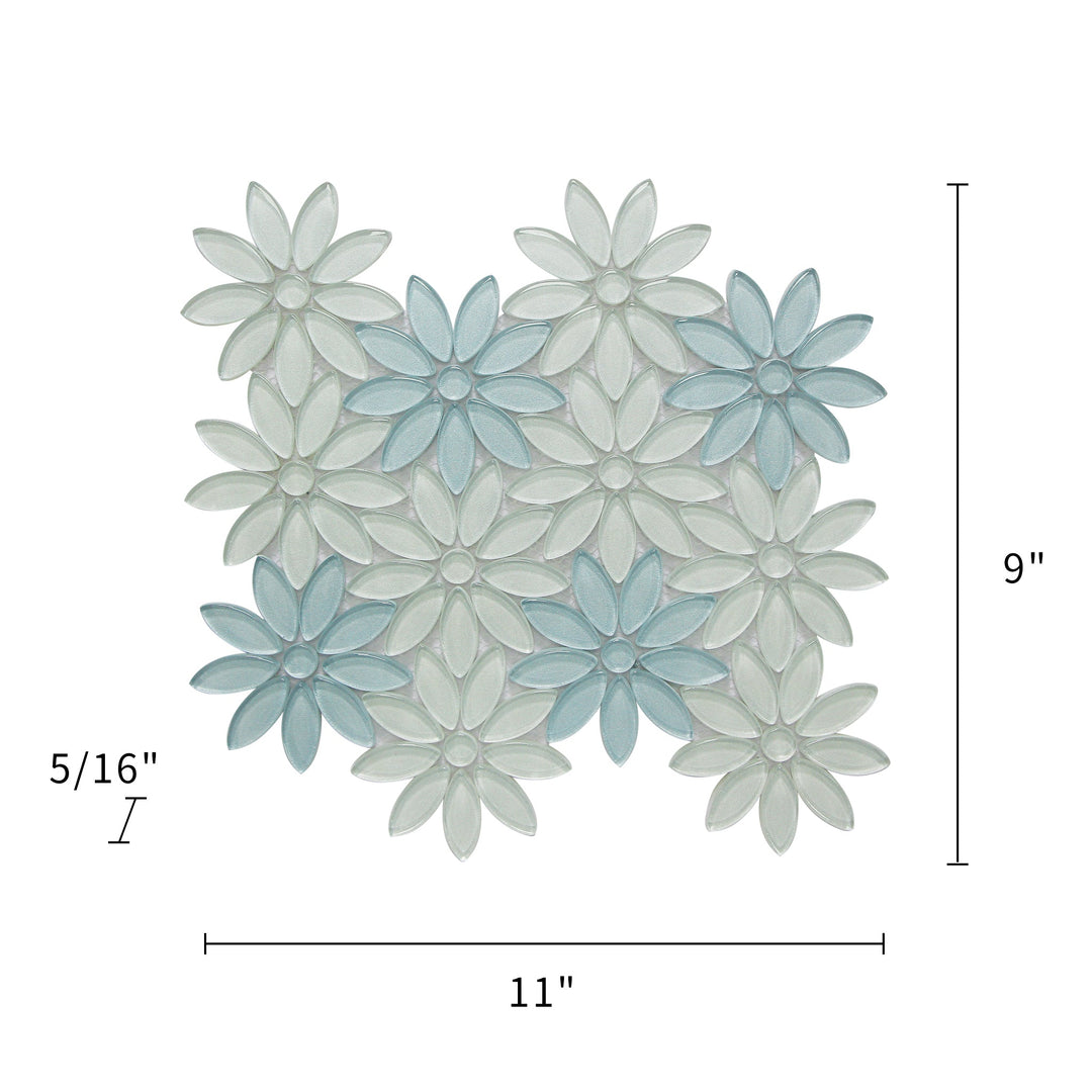 Dimension diagram of Blue & Taupe 9-in x 11-in Flower Glass Mosaic Tile – 0.69 sq. ft sheet