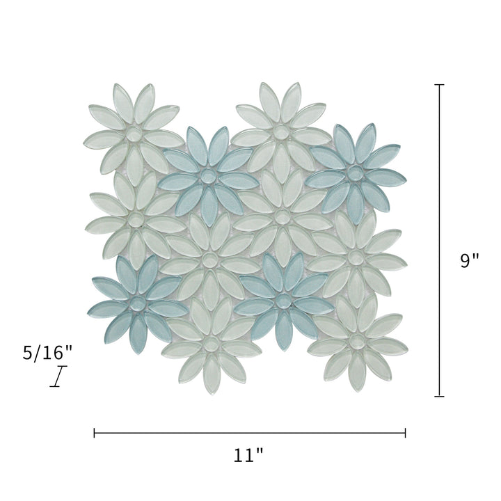 Dimension diagram of Blue & Taupe 9-in x 11-in Flower Glass Mosaic Tile – 0.69 sq. ft sheet