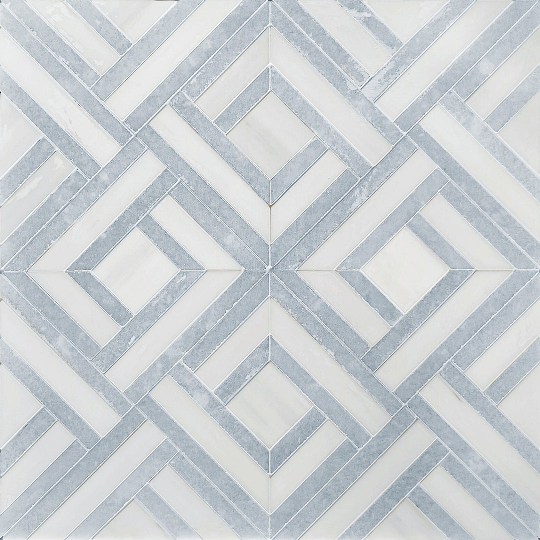 Display board with Blue Celeste & Dolomite Waterjet Marble Mosaic Tiles in full layout – 1 sq. ft per tile