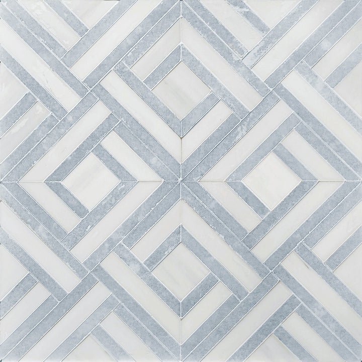 Display board with Blue Celeste & Dolomite Waterjet Marble Mosaic Tiles in full layout – 1 sq. ft per tile