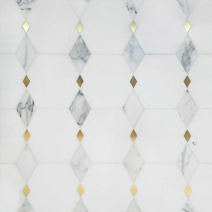 Display board of Calacatta & Thassos & Brass Marble Waterjet Mosaic Tiles in repeated geometric pattern – 1 sq. ft per piece