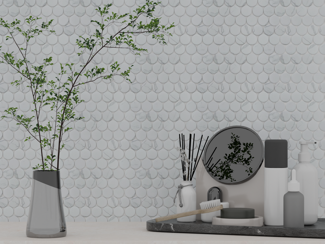 Modern kitchen featuring 12x10.5 inch Penny Round Porcelain Mosaic Tile – satin finish glazed porcelain tiles as backsplash.