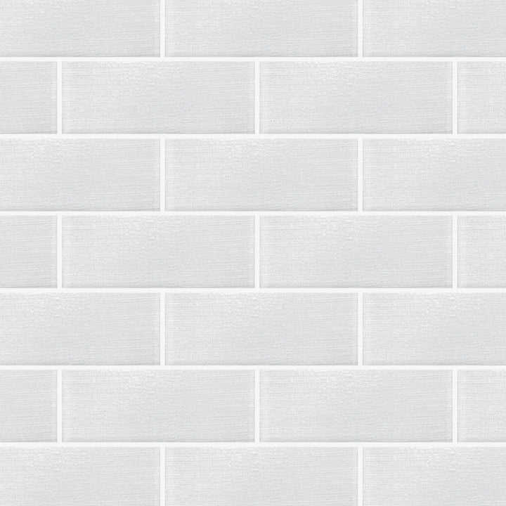 Sample display board featuring Linen Ice Glass Wall Tile – elegant 3x8 inch glass tiles with subtle linen texture for showroom display.