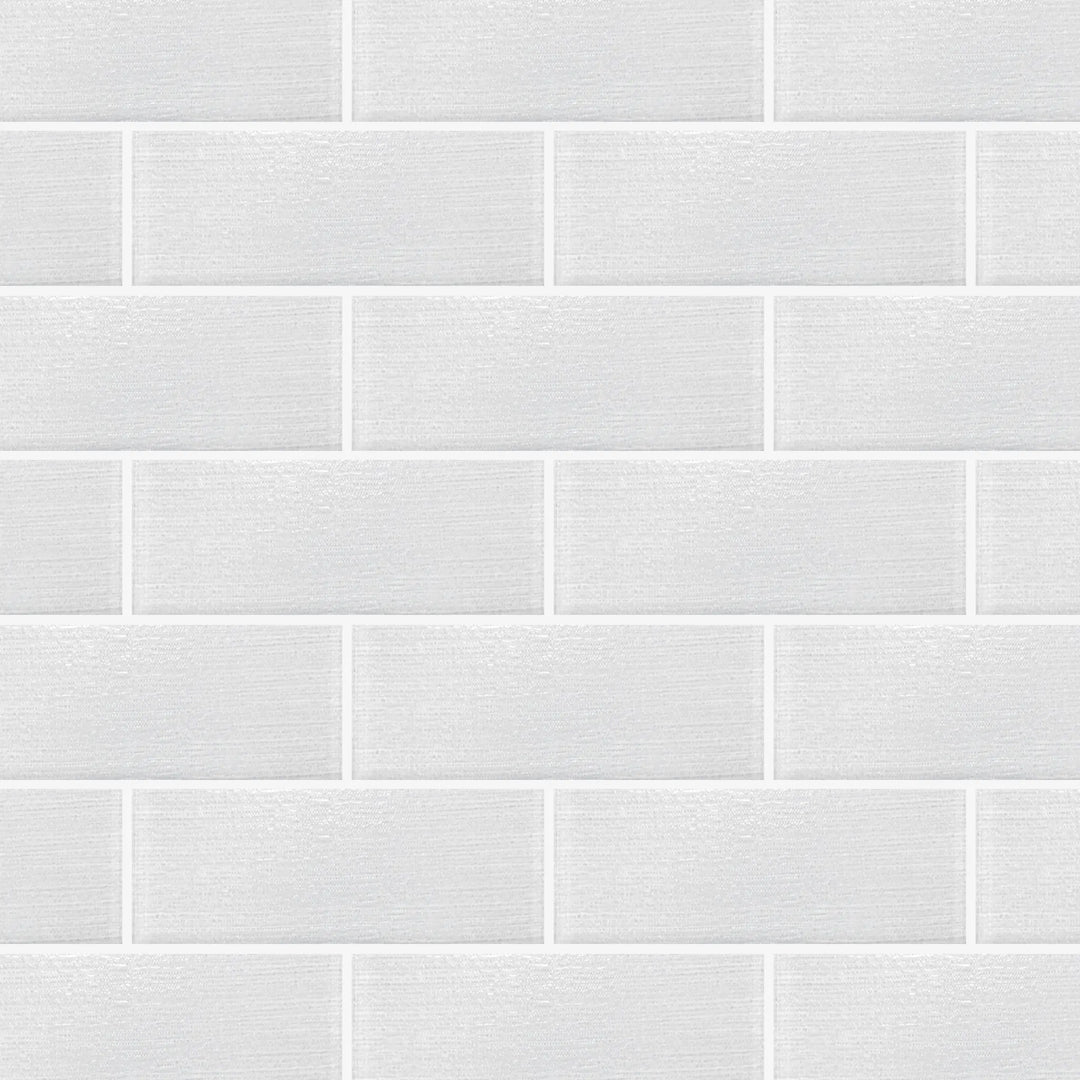 Sample display board featuring Linen Ice Glass Wall Tile – elegant 3x8 inch glass tiles with subtle linen texture for showroom display.