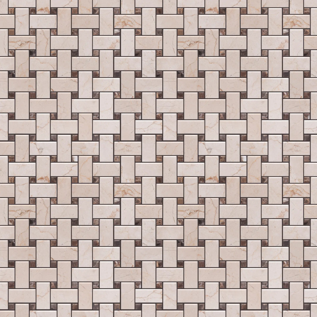 Cream Marfil+Emperador Basketweave Polished Marble Mosaic Floor and Wall Tile - Sample (Product Shown is Full Size)