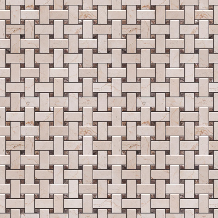 Cream Marfil+Emperador Basketweave Polished Marble Mosaic Floor and Wall Tile - Sample (Product Shown is Full Size)