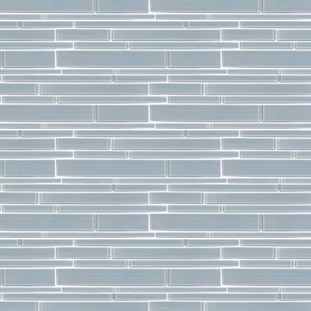 Sample display board featuring Ice Denim Glass Mix Random Strip Mosaic Tile – icy blue and denim glass strips, perfect for showroom display.