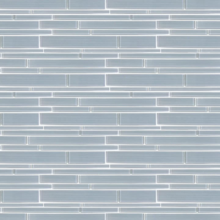 Sample display board featuring Ice Denim Glass Mix Random Strip Mosaic Tile – icy blue and denim glass strips, perfect for showroom display.