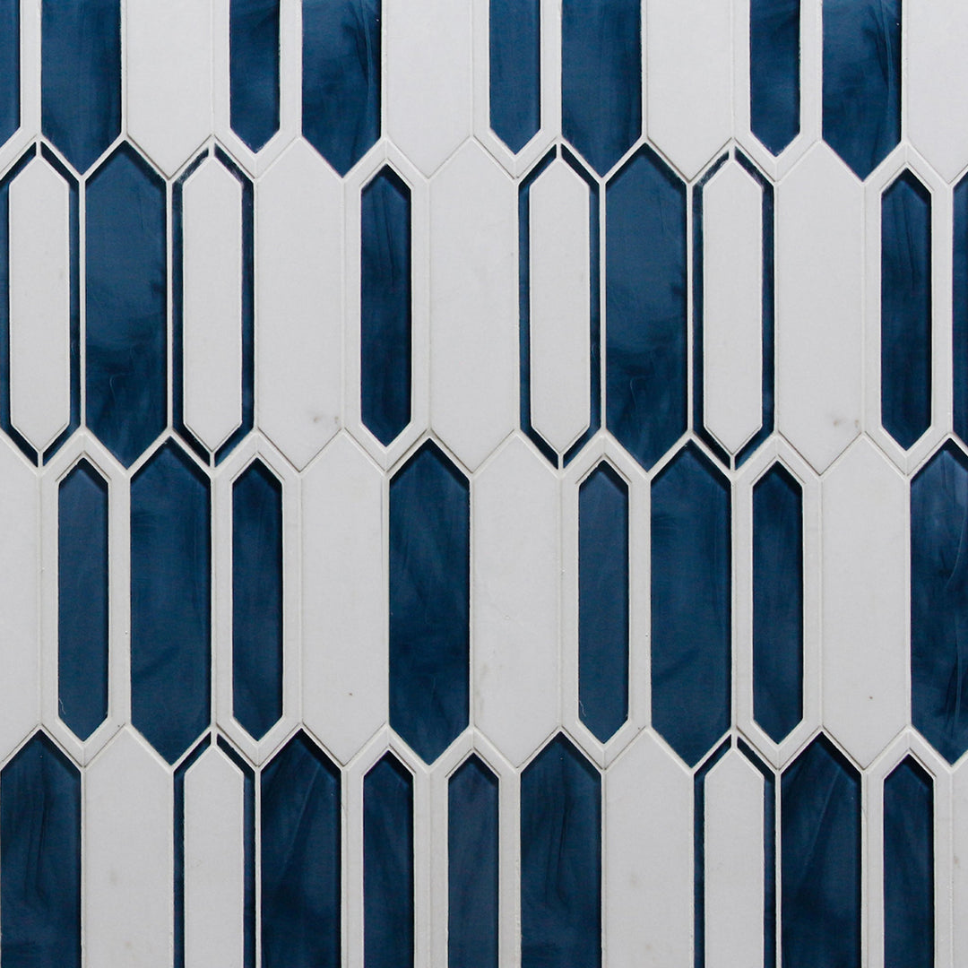 Display board showing Thassos Marble and Inkjet Glass Mosaic Tiles in full wall layout – modern white and glass mix