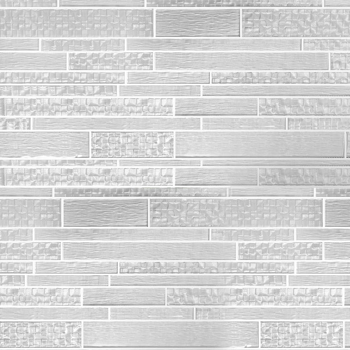Sample display board of 6x18 inch Pure Glass Mix Mosaic Tile – showcasing random strip design and glossy glass finish