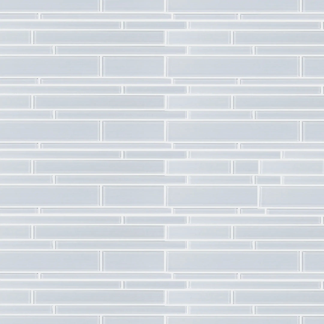 Sample display board featuring Ice Glass Mix Random Strip Decorative Mosaic Tile – cool, textured glass strips for showroom presentation.