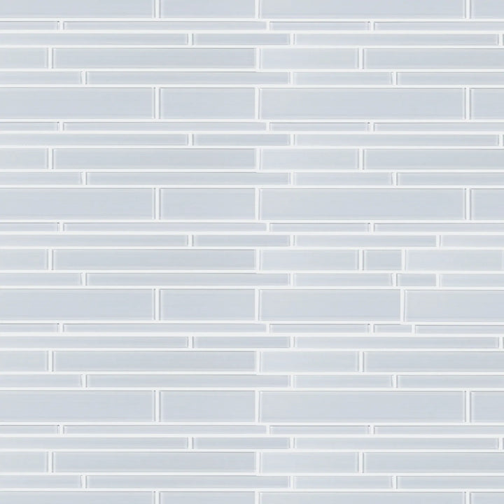 Sample display board featuring Ice Glass Mix Random Strip Decorative Mosaic Tile – cool, textured glass strips for showroom presentation.