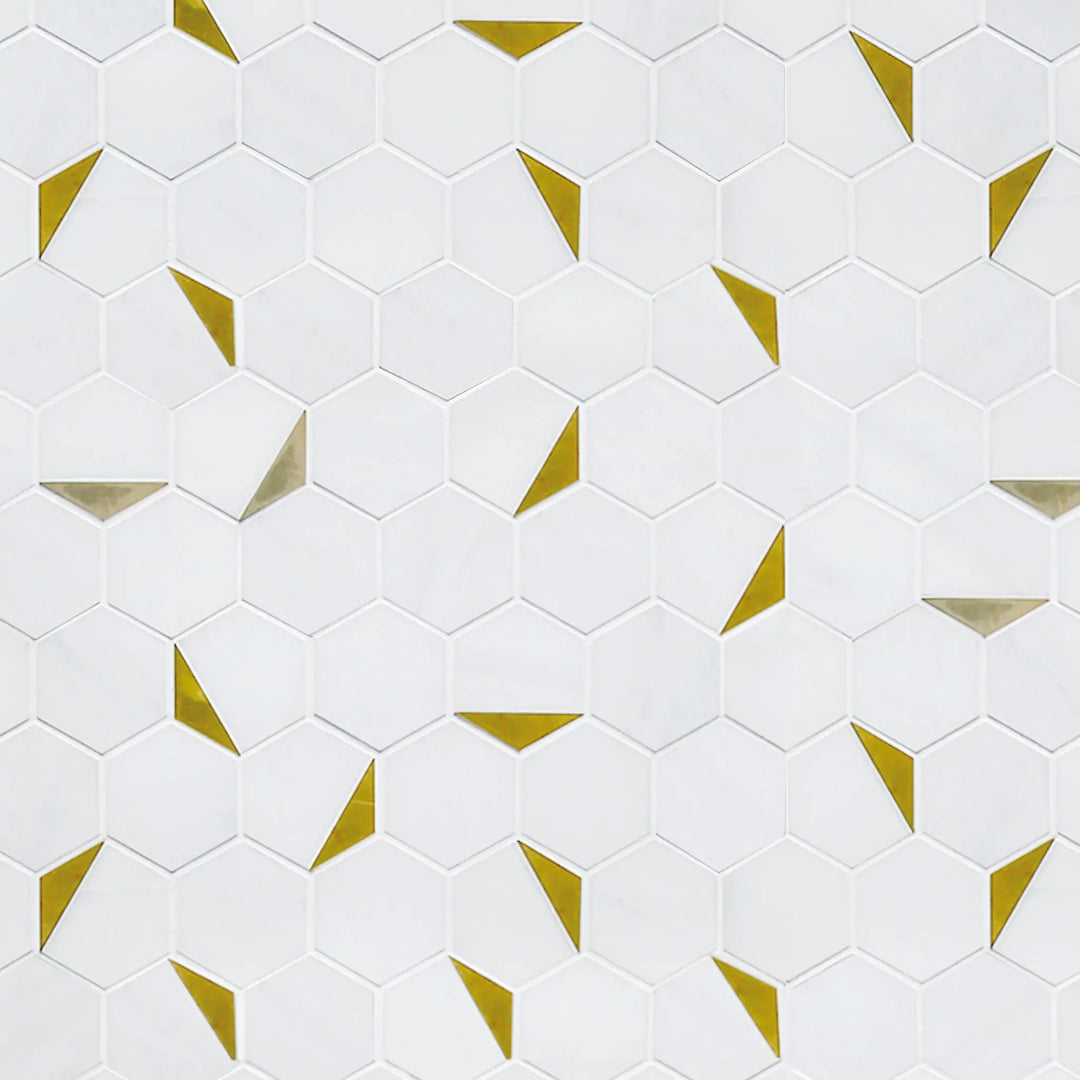 Sample display board of Royal White Hexagon with Gold Accents Mosaic Tile – elegant polished marble layout for showroom