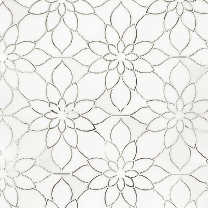 Sample display board showcasing Thassos & Mirror Floral Waterjet Mosaic Tile – floral pattern combining polished marble and mirror pieces.