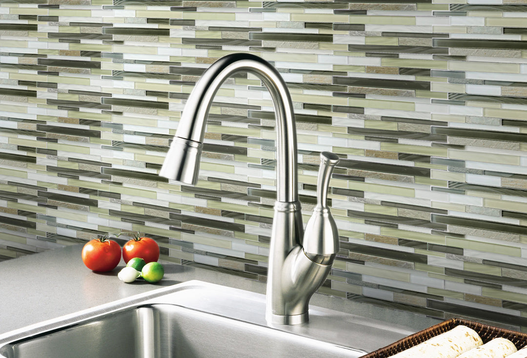 Stone & Glass Mixed Color Random Strip Glass Mosaic Wall Tile - Sample (Product Shown is Full Size)