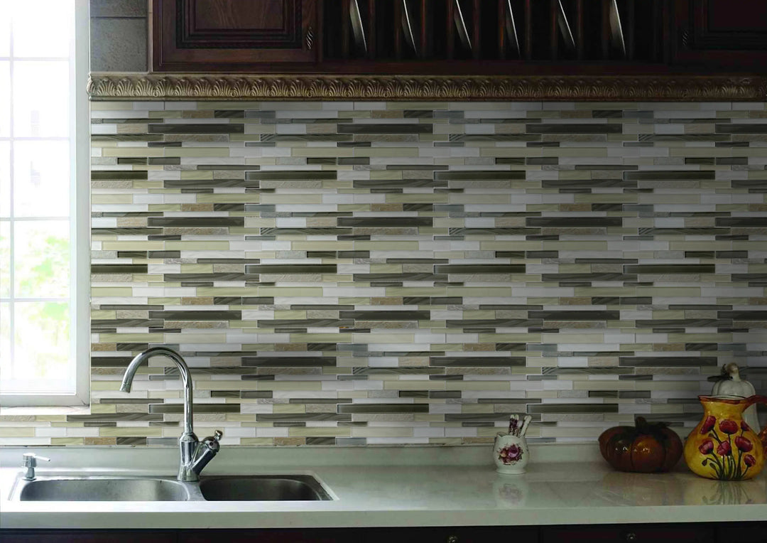 Stone & Glass Mixed Color Random Strip Glass Mosaic Wall Tile - Sample (Product Shown is Full Size)