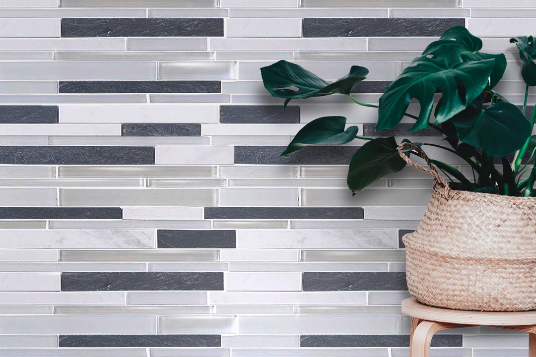 Iron Staircase Marble Slate & Glass Random Strips 12-in x 12-in Glass Mosaic Wall Tile(1-sq. ft/ Piece)