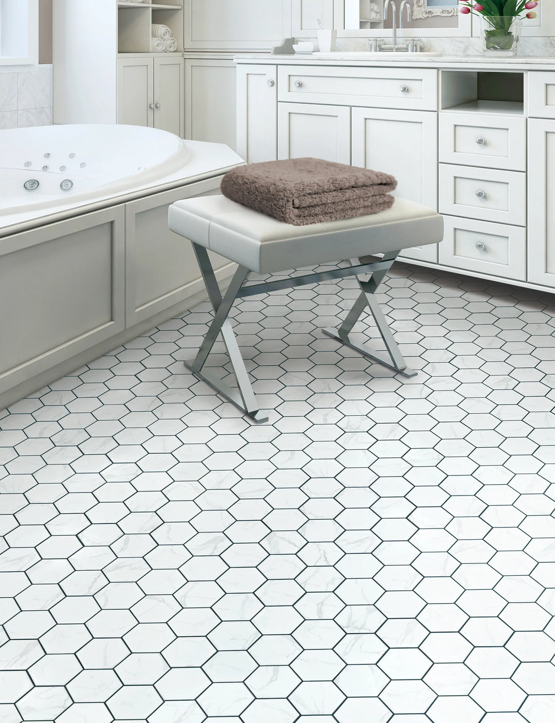 Honed Calacatta Gold hex tile in shower space – timeless style with subtle gold accents