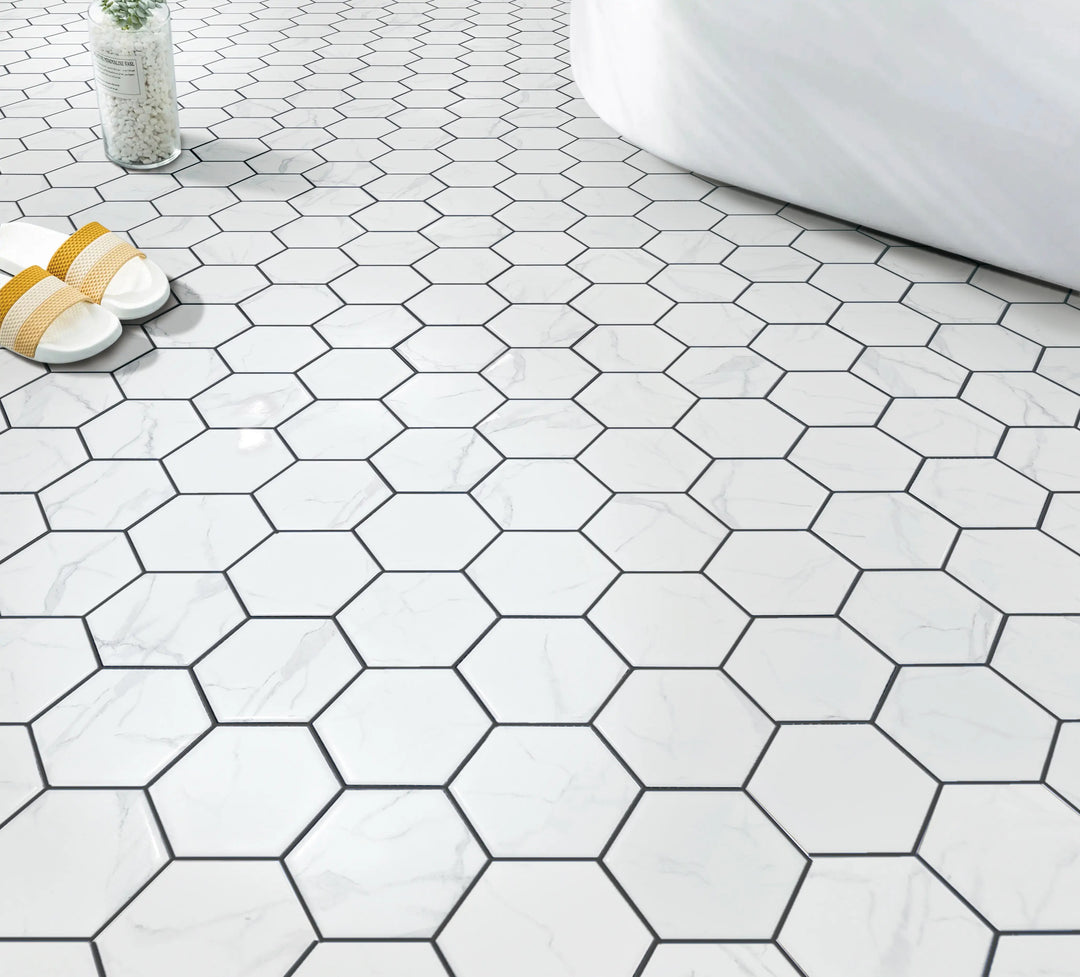 Bathroom wall with 3-inch Calacatta Hexagon Honed Marble Mosaic Tile – luxurious look with natural stone charm