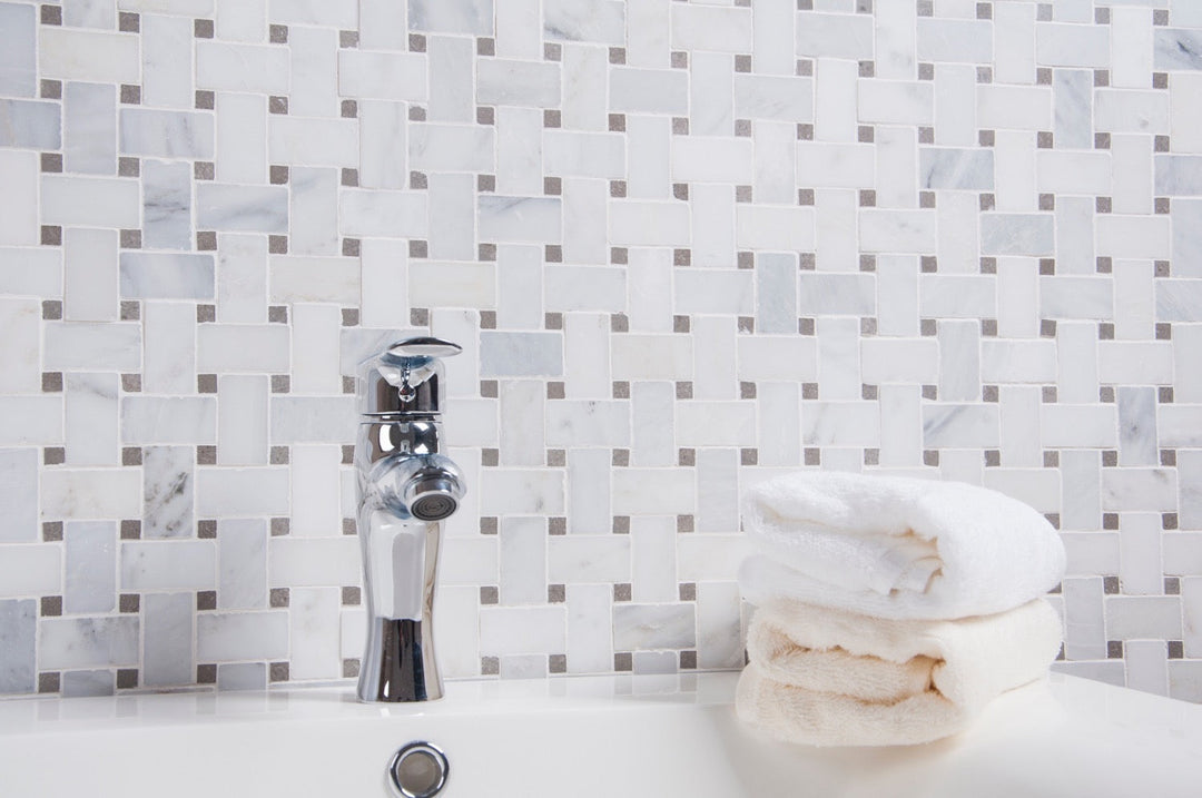 Oriental White + Gray Lady Polished Basketweave Marble Mosaic Floor and Wall Tile - Sample (Product Shown is Full Size)