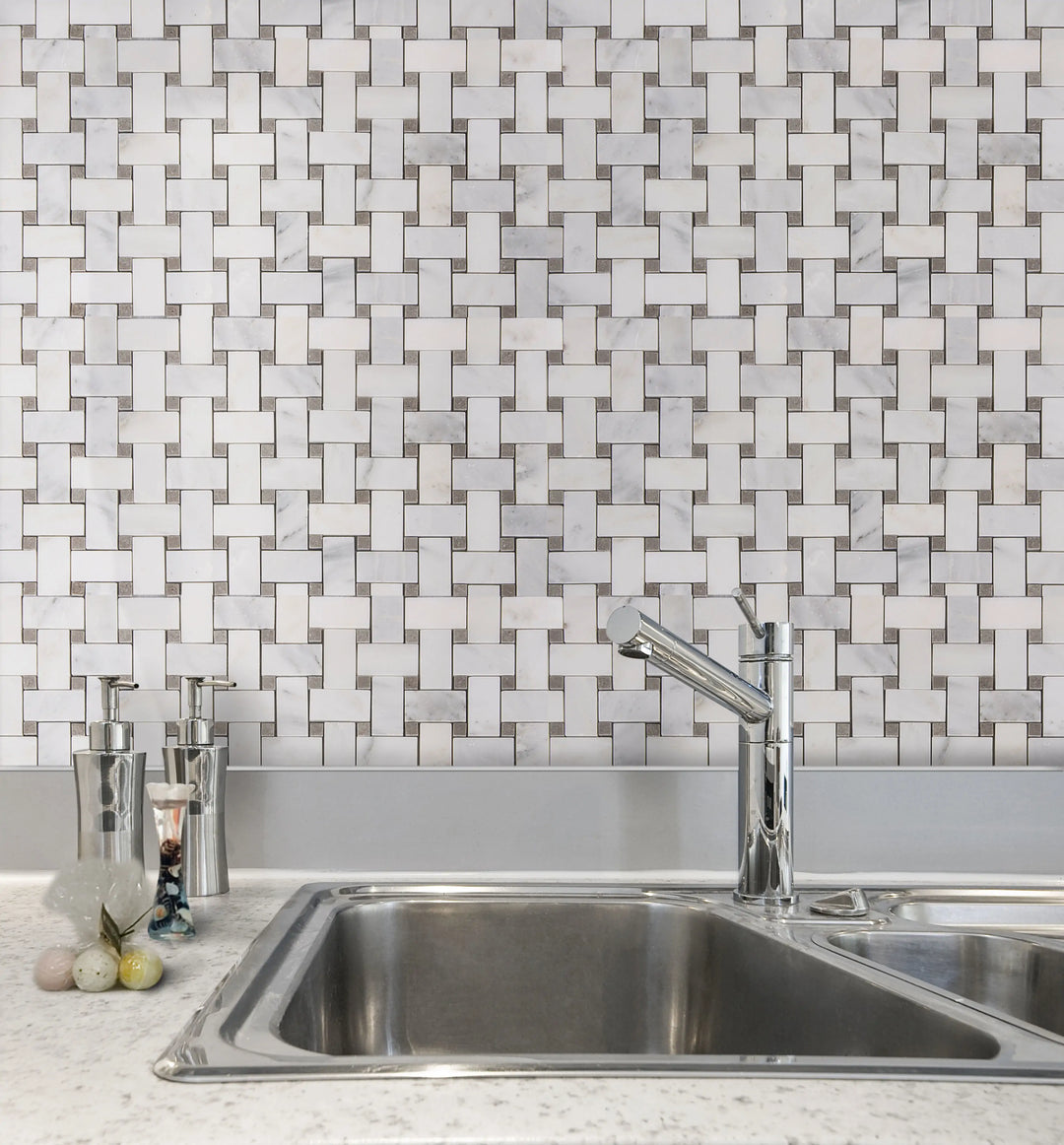 Oriental White + Gray Lady Polished Basketweave Marble Mosaic Floor and Wall Tile - Sample (Product Shown is Full Size)