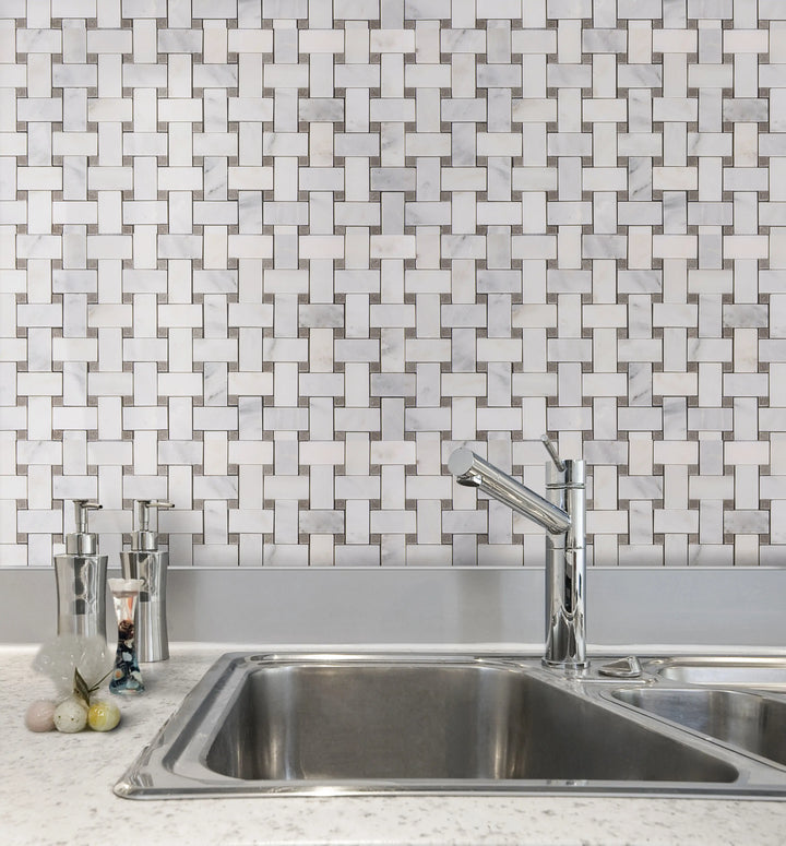 Oriental White + Gray Lady Polished Basketweave Marble Mosaic Floor and Wall Tile - Sample (Product Shown is Full Size)