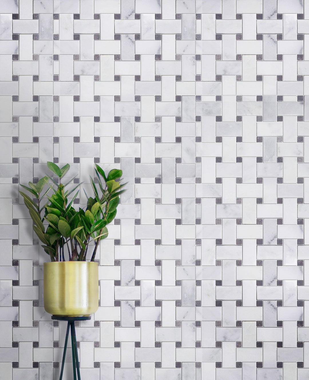Oriental White + Gray Lady Polished Basketweave Marble Mosaic Floor and Wall Tile - Sample (Product Shown is Full Size)