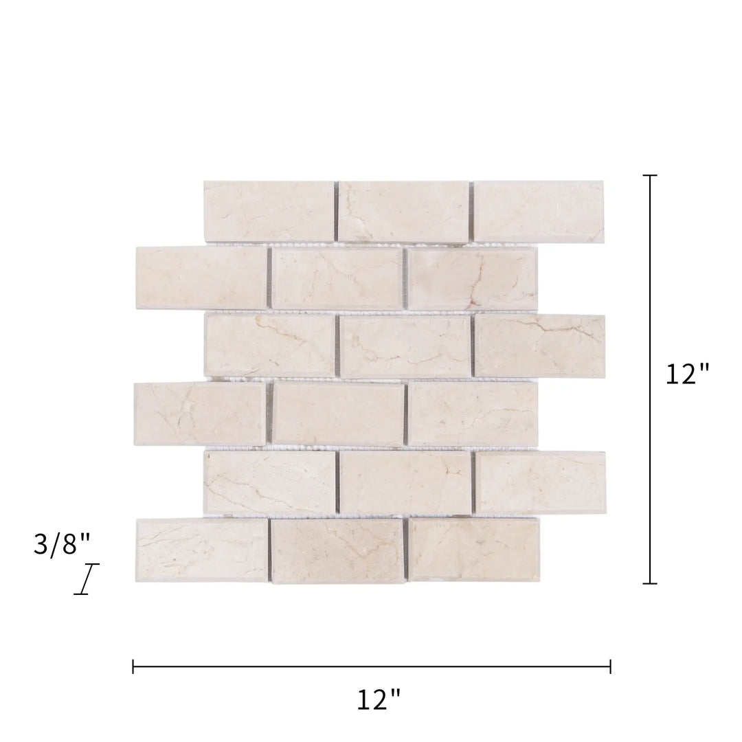 Cream Marfil Bevel Brick 12-in x 12-in Polished Marble Mosaic Wall Tile(1-sq. ft/ Piece)