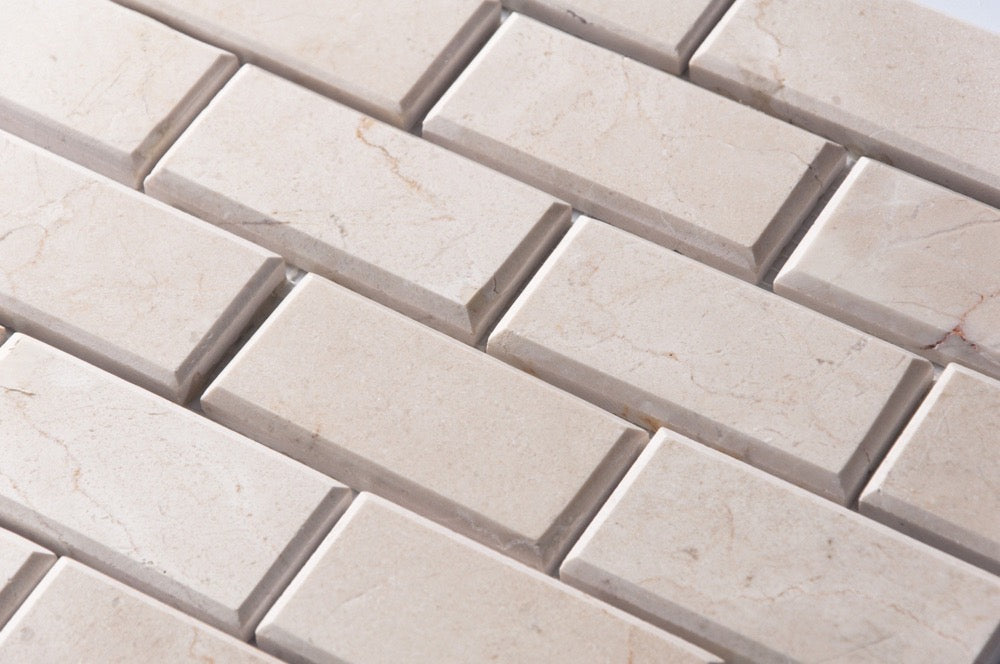Cream Marfil Bevel Brick 12-in x 12-in Polished Marble Mosaic Wall Tile(1-sq. ft/ Piece)