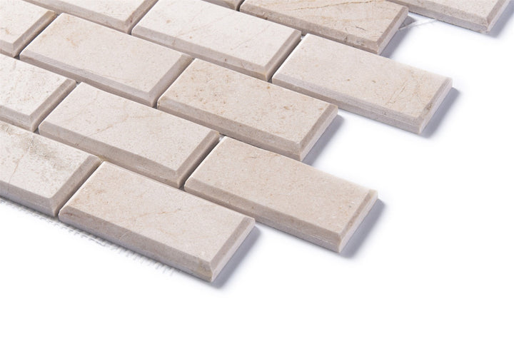 Cream Marfil Bevel Brick 12-in x 12-in Polished Marble Mosaic Wall Tile(1-sq. ft/ Piece)