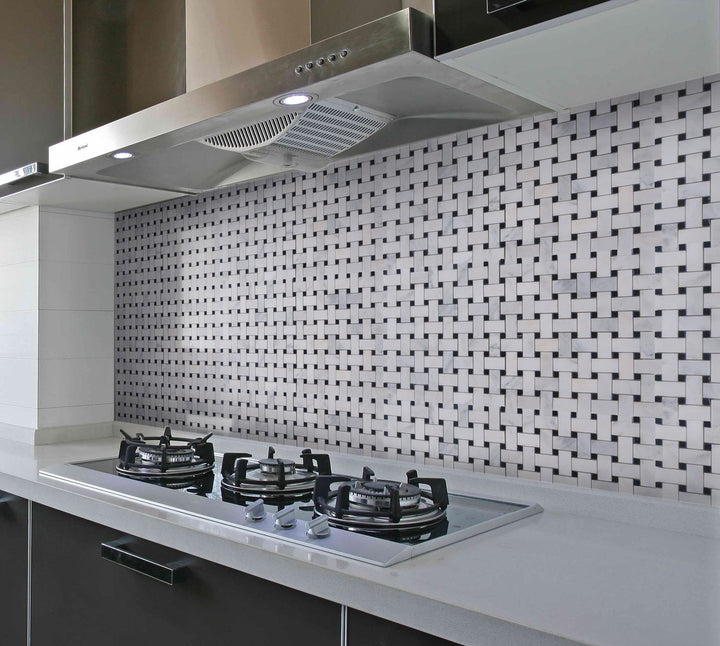 Oriental White + Pure Black Polished Basketweave Marble Mosaic Floor and Wall Tile - Sample (Product Shown is Full Size)