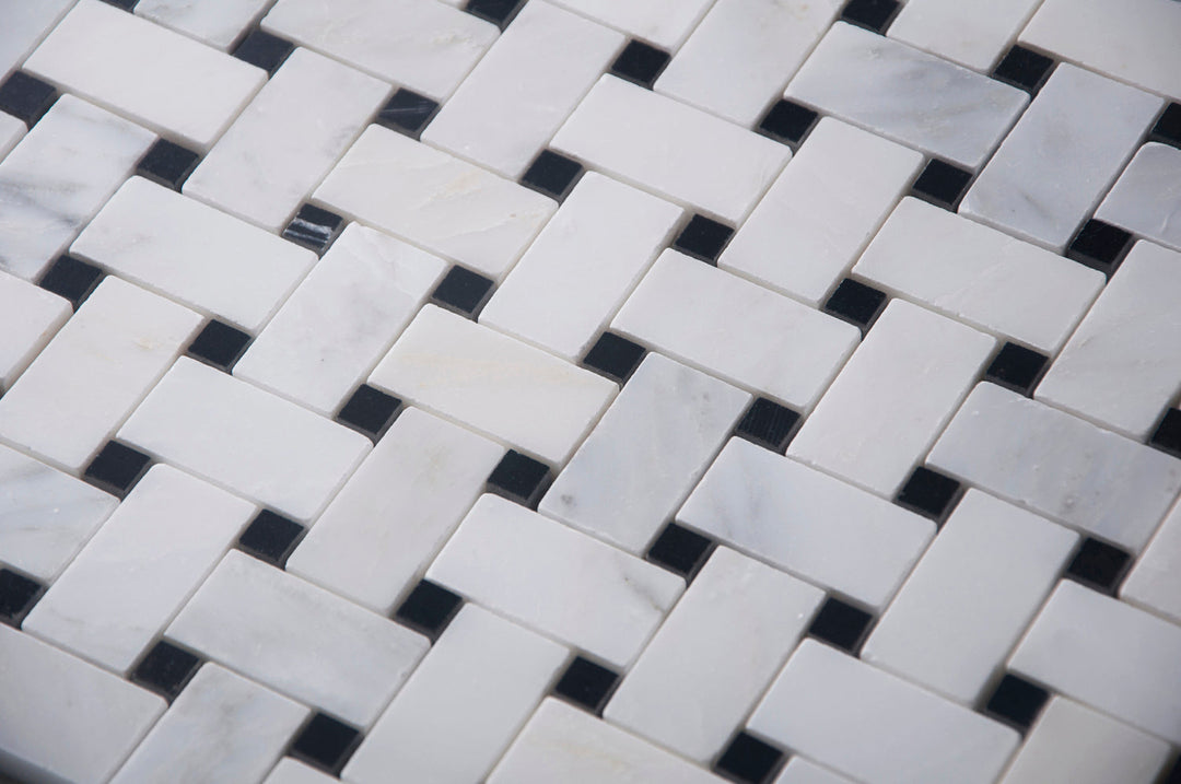 Oriental White + Pure Black Polished Basketweave Marble Mosaic Floor and Wall Tile - Sample (Product Shown is Full Size)