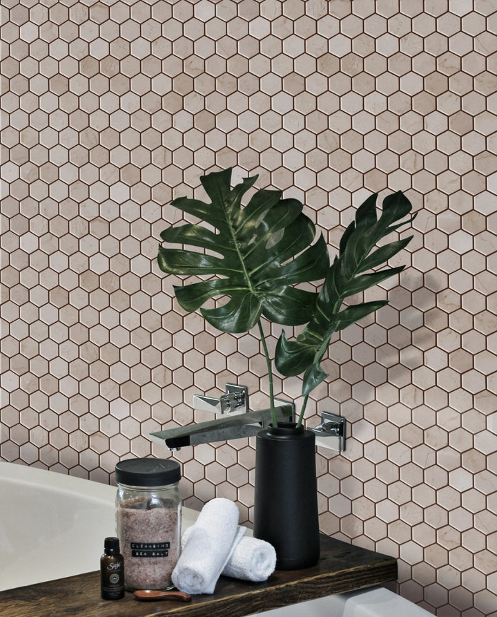 1-in Cream Marfil Hexagon 12-in x 12-in Polished Marble Mosaic Floor and Wall Tile(1-sq. ft/ Piece)