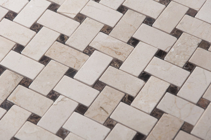 Cream Marfil+Emperador Basketweave Polished Marble Mosaic Floor and Wall Tile - Sample (Product Shown is Full Size)
