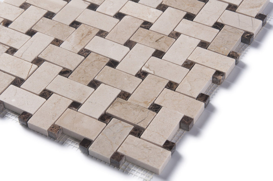 Cream Marfil+Emperador Basketweave Polished Marble Mosaic Floor and Wall Tile - Sample (Product Shown is Full Size)