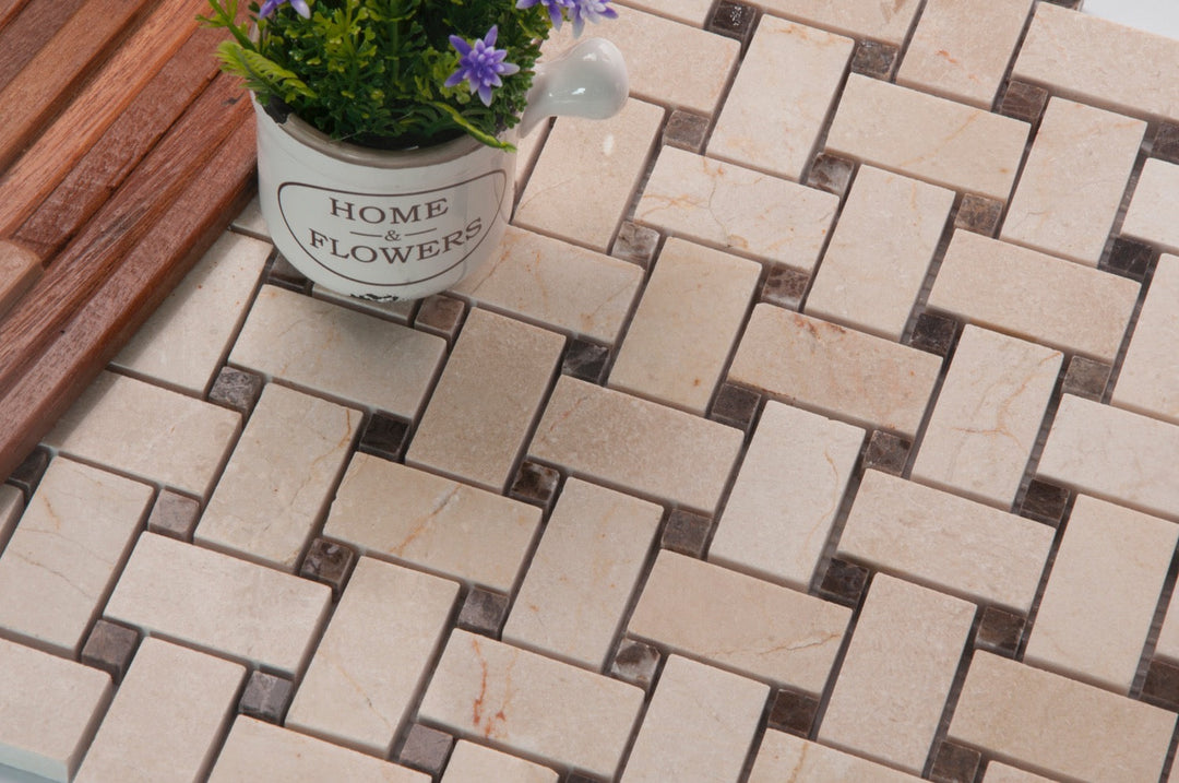 Cream Marfil+Emperador Basketweave Polished Marble Mosaic Floor and Wall Tile - Sample (Product Shown is Full Size)