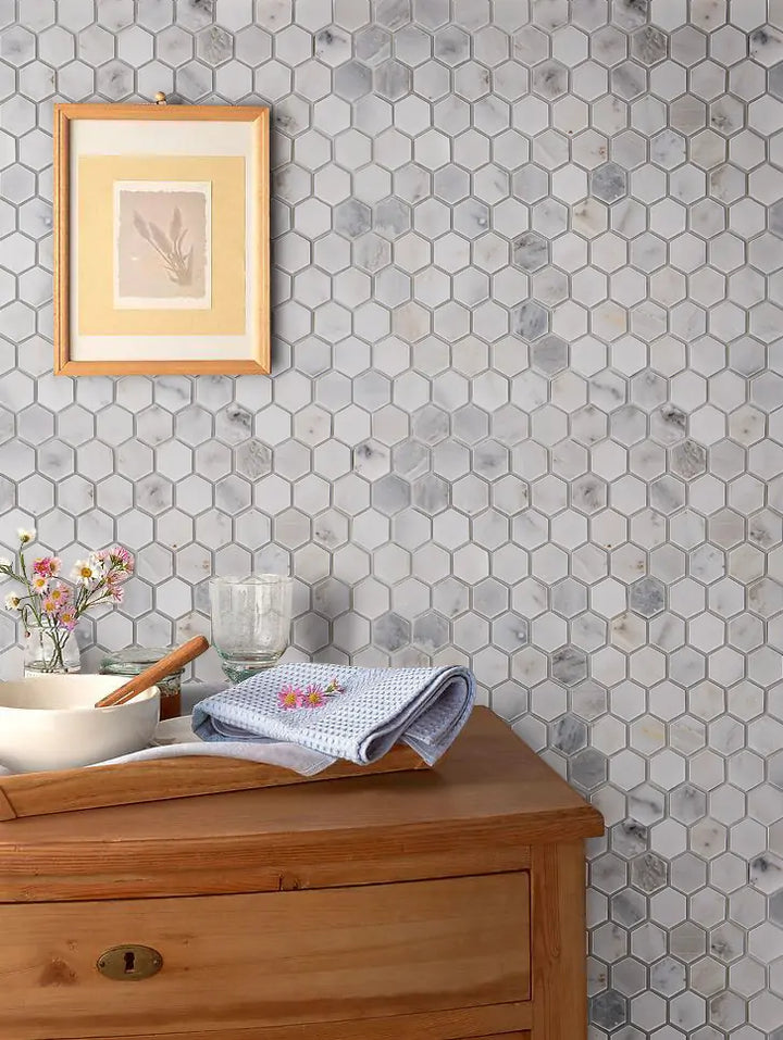 Oriental White Hexagon Honed Marble Mosaic Floor and Wall Tile - Sample (Product Shown is Full Size)