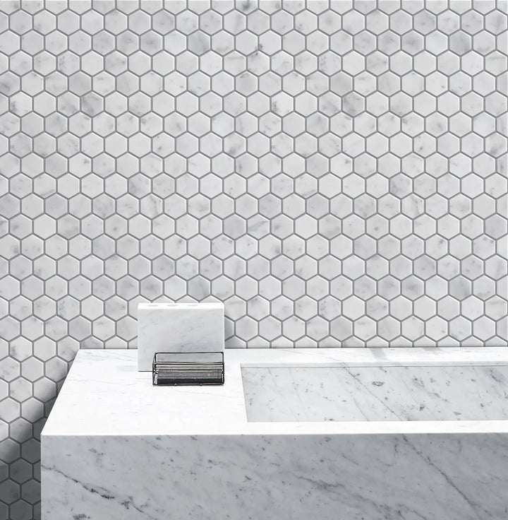 1-in Carrara White Hexagon Polished Marble Mosaic Floor and Wall Tile - Sample (Product Shown is Full Size)